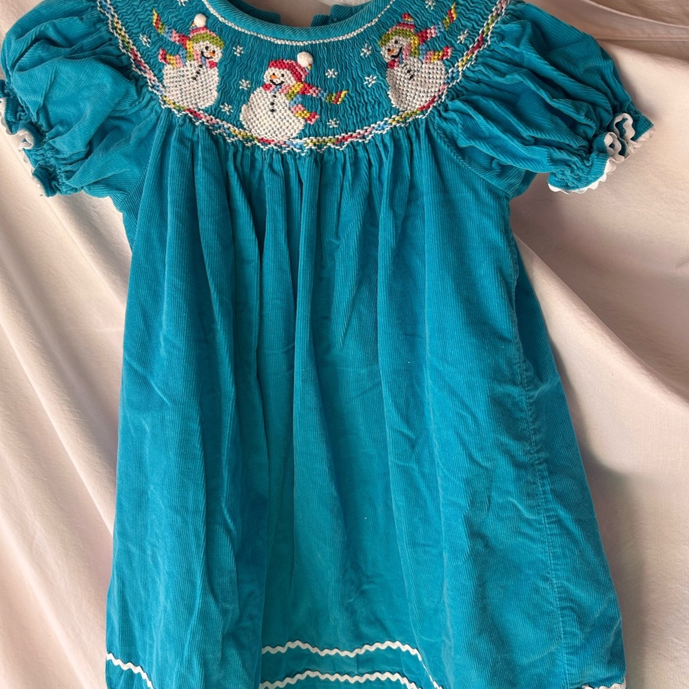 Kids Casual Dress in Blue with Snowman Design